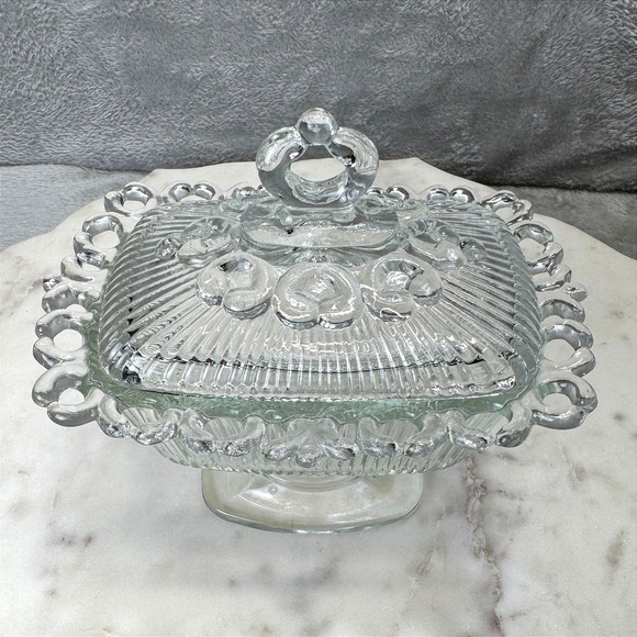 Vintage Clear Indiana Glass Lidded Candy Dish Lace Edge Heart Pedestal Compote - Picture 2 of 10